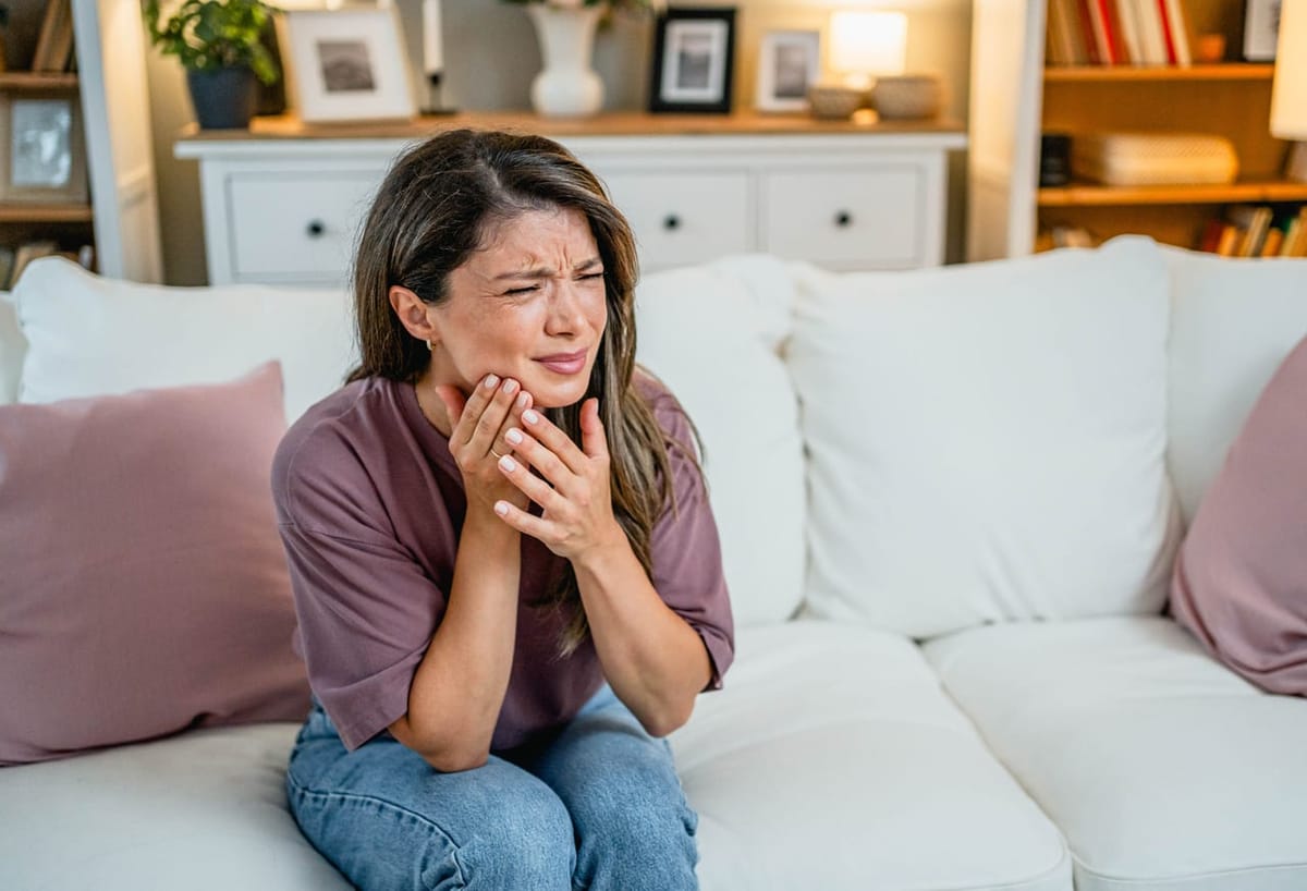 A patient holding their jaw in discomfort from tooth pain